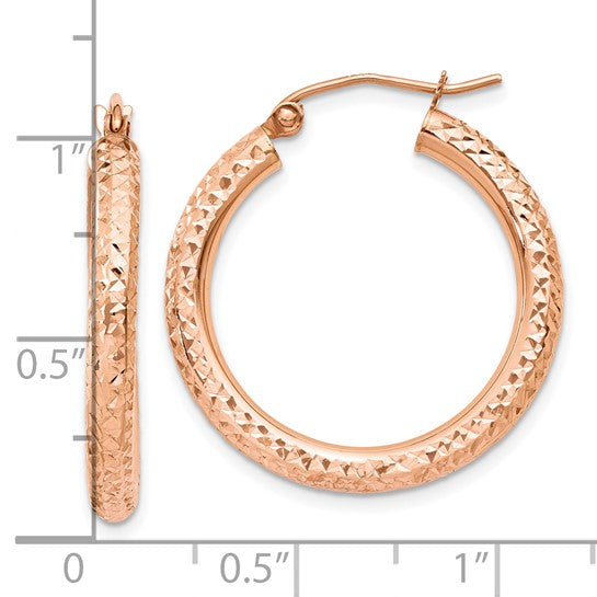 10k rose gold diamond cut round hoop earrings 25mm x 3mm