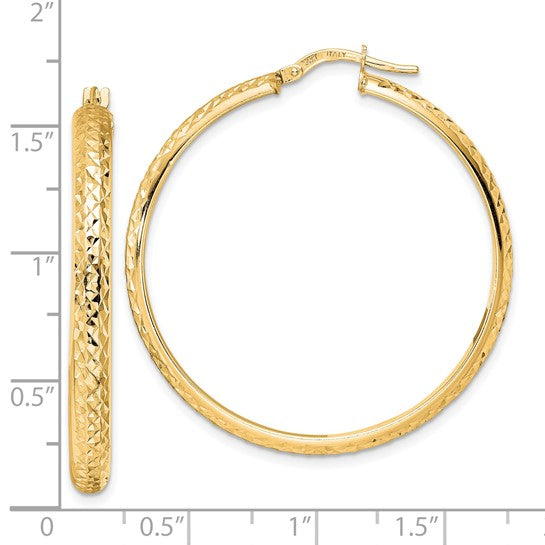 14k yellow gold diamond cut round hoop earrings 38mm x 4mm