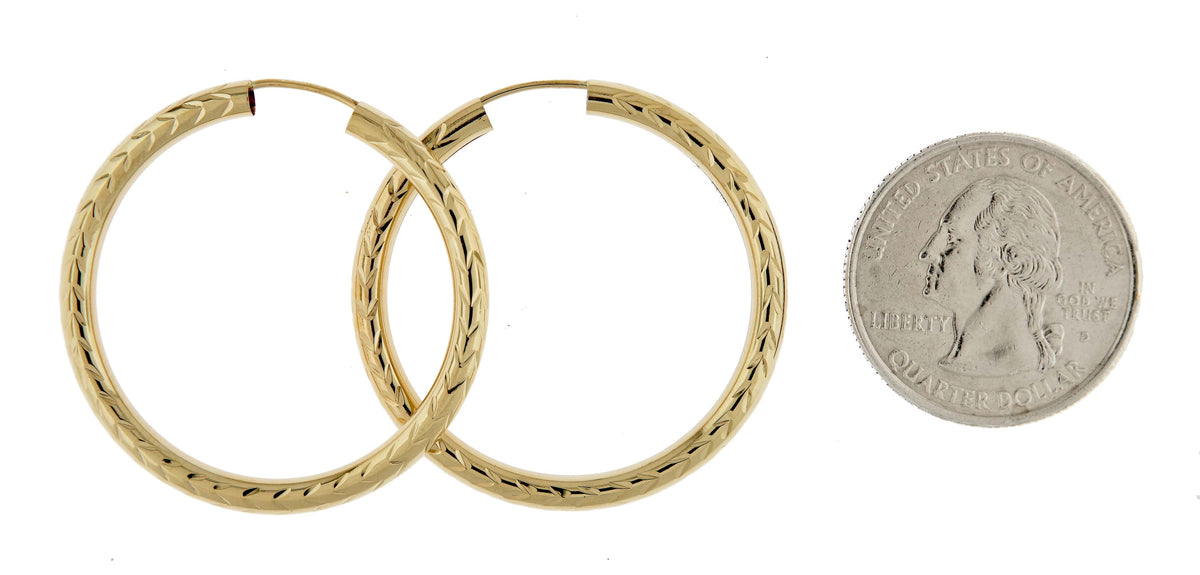 10k yellow gold diamond cut round endless hoop earrings 33mm x 3mm