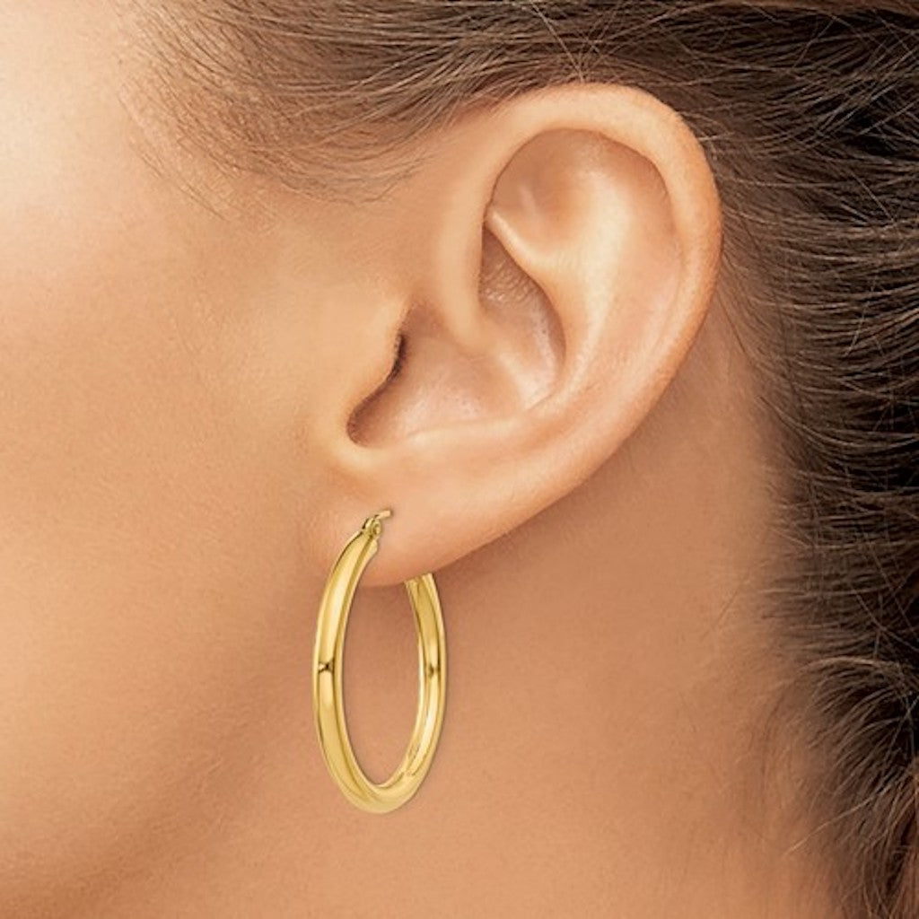 14K Yellow Gold 30mm x 3mm Lightweight Classic Round Hoop Earrings