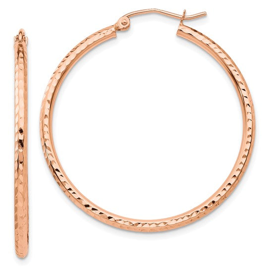 10k rose gold diamond cut round hoop earrings 35mm x 2mm