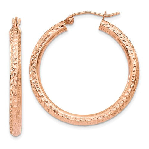 14k rose gold diamond cut classic round hoop textured earrings 31mm x 3mm