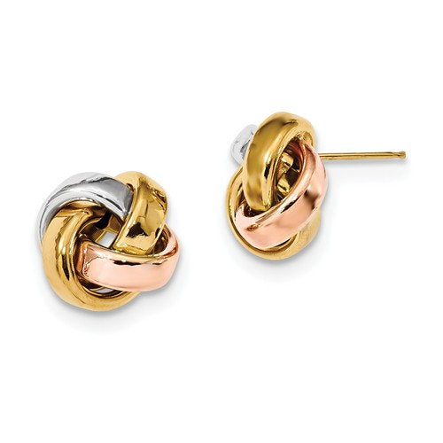14k gold tri color 14mm love knot post earrings