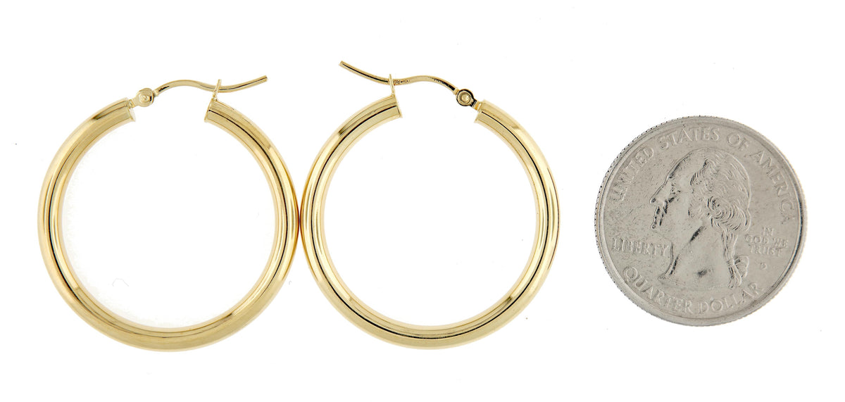 14K Yellow Gold 30mm x 3mm Lightweight Classic Round Hoop Earrings