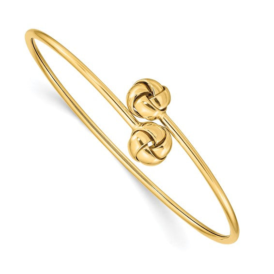 14k yellow gold love knot flexible slip on cuff bangle bracelet