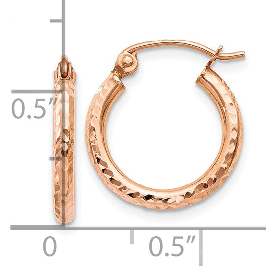 10k rose gold diamond cut round hoop earrings 14mm x 2mm