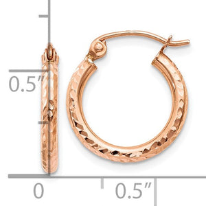 10k Rose Gold Diamond Cut Round Hoop Earrings 14mm x 2mm