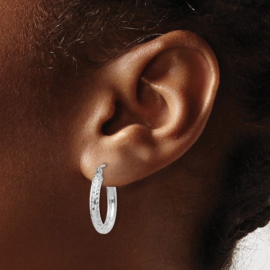 14K White Gold Diamond Cut Classic Round Diameter Hoop Textured Earrings 19mm x 3mm
