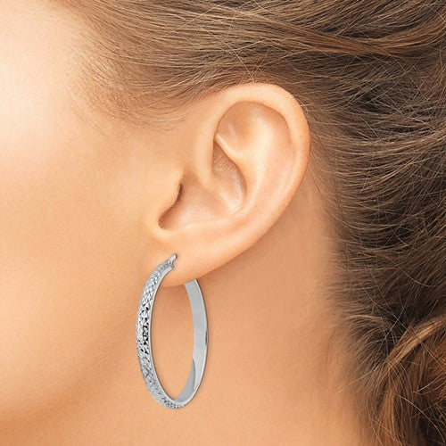 14k white gold diamond cut round hoop earrings 43mm x 4mm