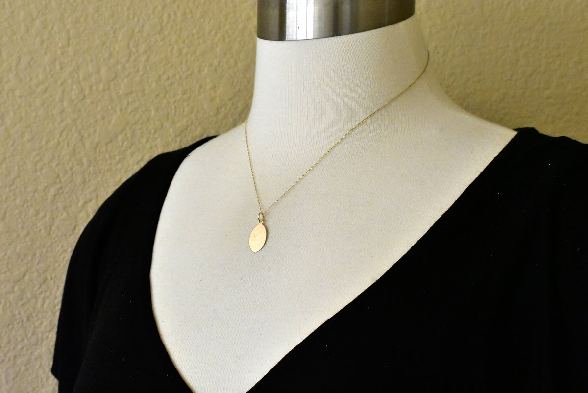 14k yellow gold oval disc pendant charm personalized engraved initial letter monogram
