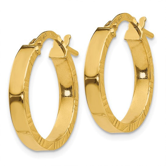 10K Yellow Gold Diamond Cut Edge Round Hoop Earrings 18mm x 3mm