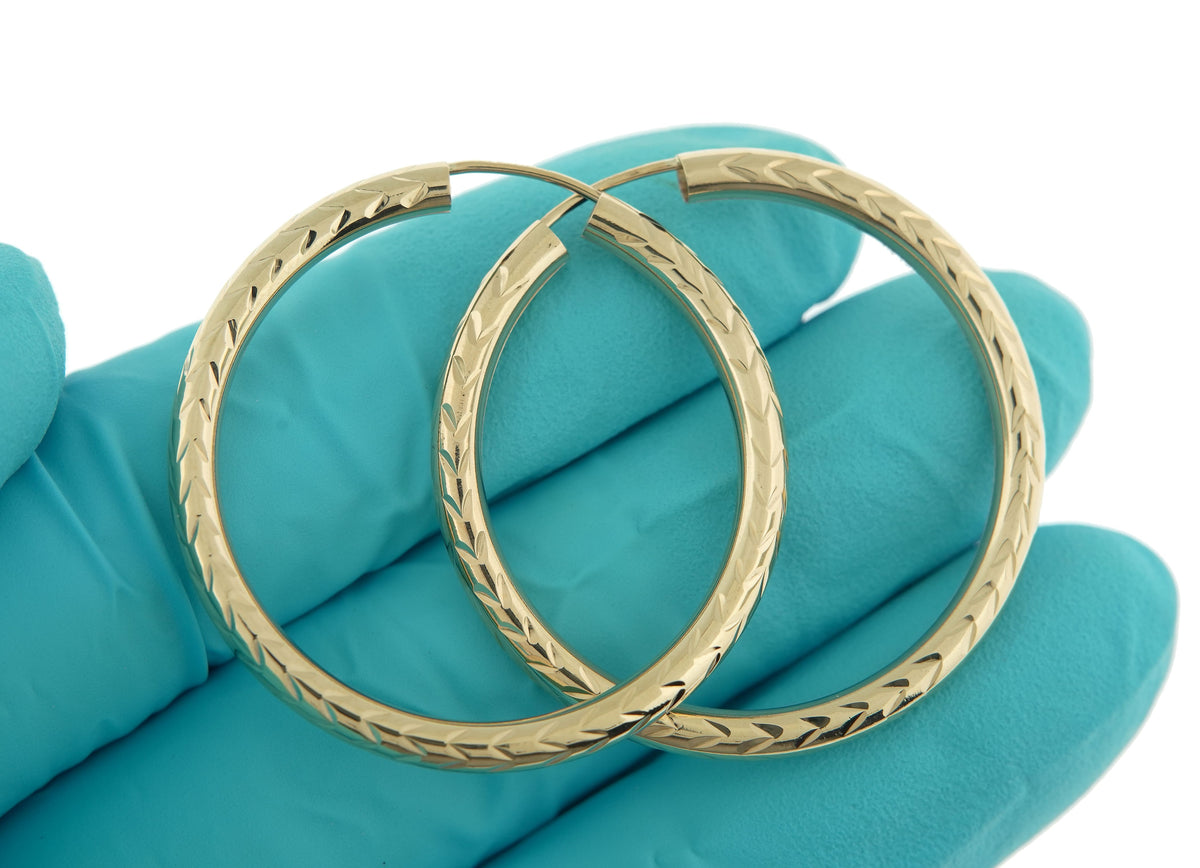 10k yellow gold diamond cut round endless hoop earrings 33mm x 3mm