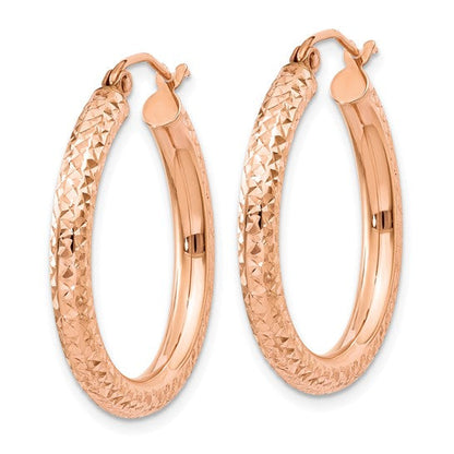 10k rose gold diamond cut round hoop earrings 25mm x 3mm