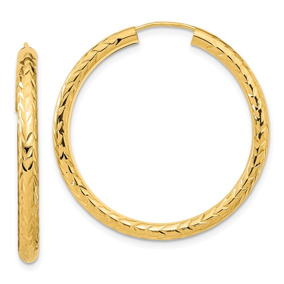 10k yellow gold diamond cut round endless hoop earrings 33mm x 3mm