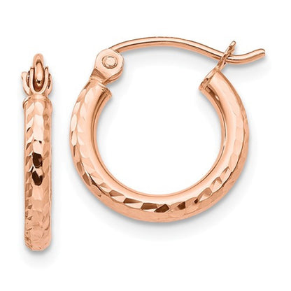 14k rose gold diamond cut textured classic round hoop earrings 13mm x 2mm