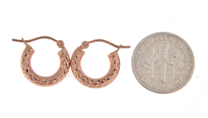 14k rose gold diamond cut textured classic round hoop earrings 14mm x 3mm