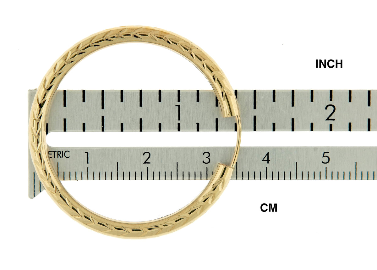 10k yellow gold diamond cut round endless hoop earrings 33mm x 3mm