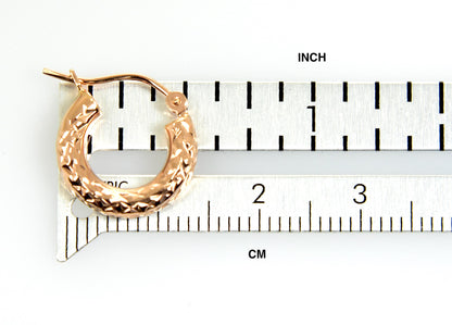 14k rose gold diamond cut textured classic round hoop earrings 14mm x 3mm