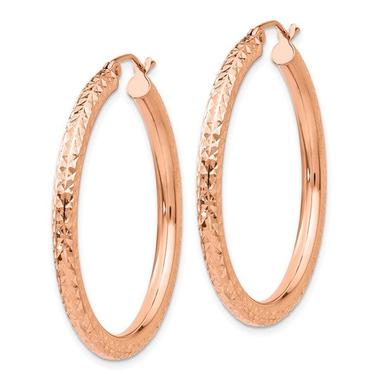 14k rose gold diamond cut classic round hoop textured earrings 36mm x 3mm