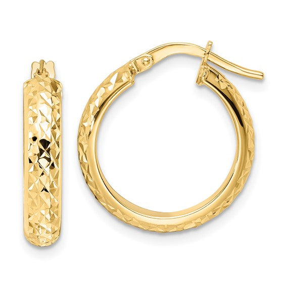 14K Yellow Gold Diamond Cut Round Hoop Earrings 18mm x 4mm