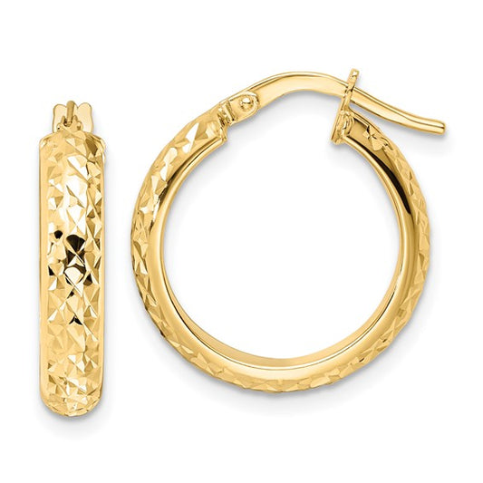 14k yellow gold diamond cut round hoop earrings 18mm x 4mm