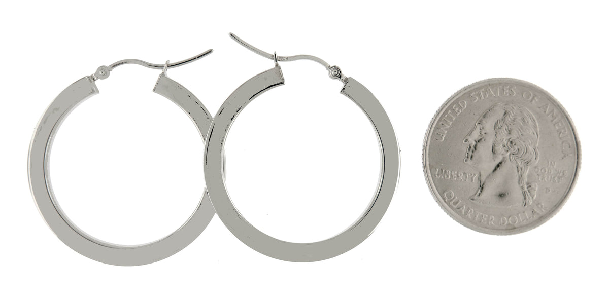 14k white gold square tube round hoop earrings 30mm x 3mm