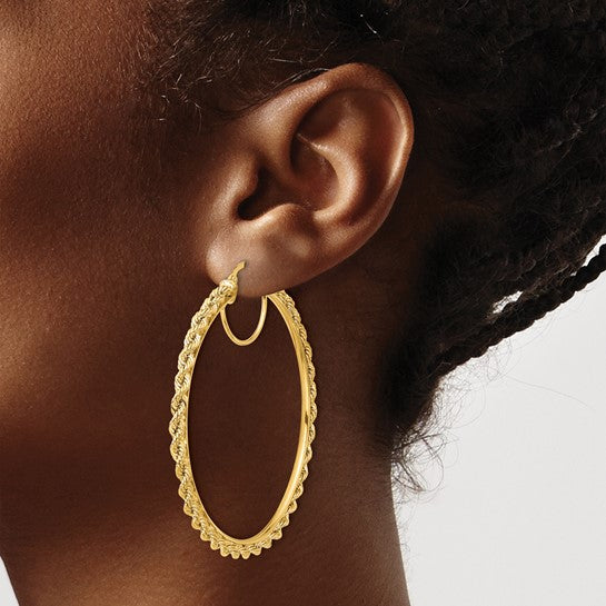 10k yellow gold diamond cut rope round hoop earrings 55mm x 2.95mm