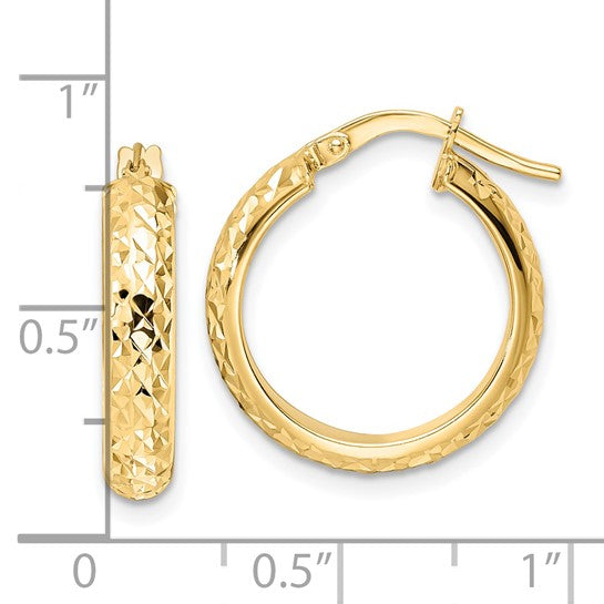 14k yellow gold diamond cut round hoop earrings 18mm x 4mm