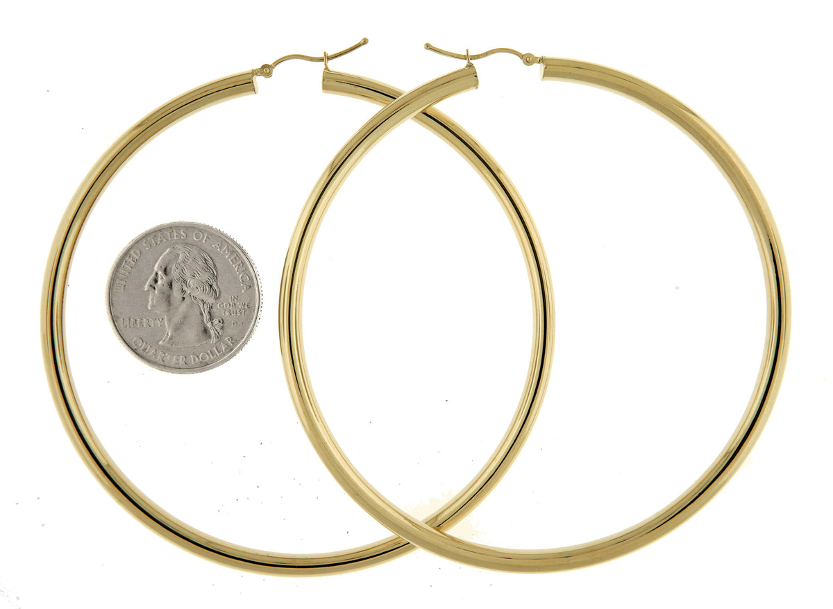 14k yellow gold 3.15 inch diameter extra large giant gigantic round classic hoop earrings lightweight 80mm x 4mm