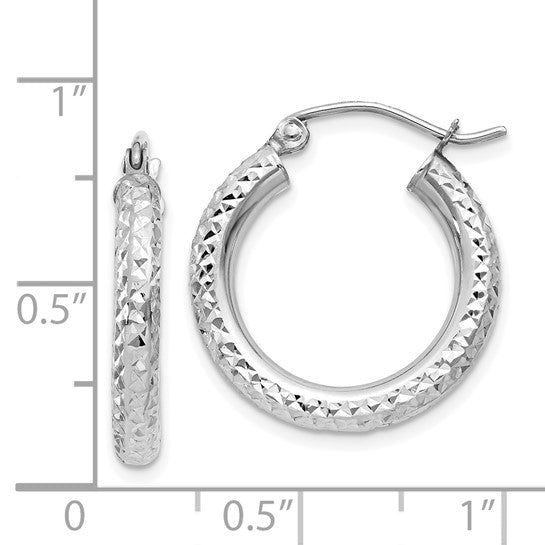 14K White Gold Diamond Cut Classic Round Diameter Hoop Textured Earrings 19mm x 3mm