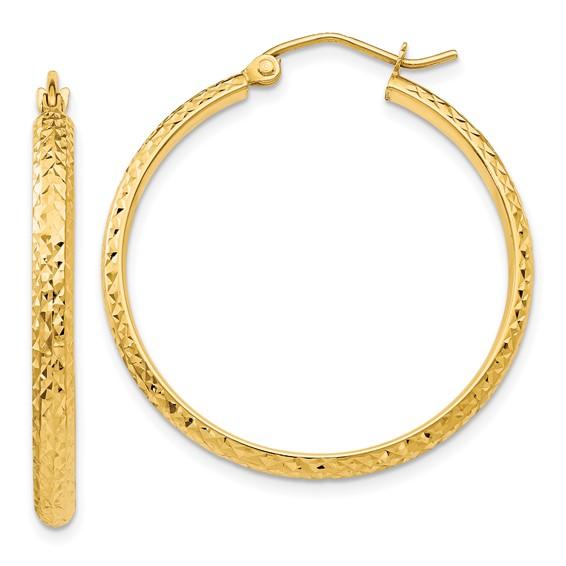 14k yellow gold diamond cut round hoop earrings 30mm x 2.5mm