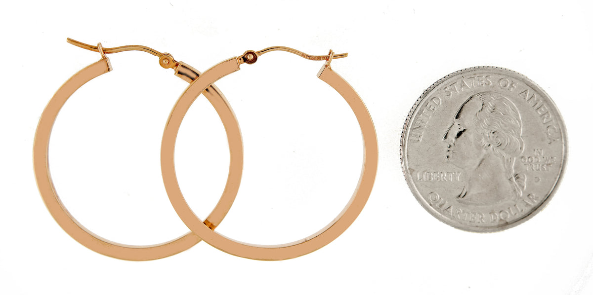 14k rose gold classic square tube round hoop earrings 30mm x 2mm