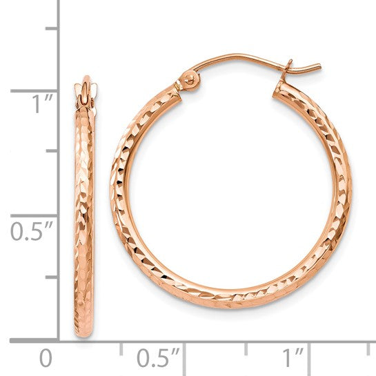 14K Rose Gold 25mm x 2mm Diamond Cut Round Hoop Earrings