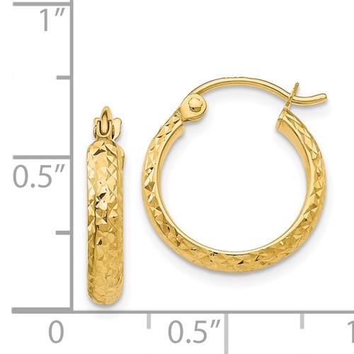 14k yellow gold diamond cut round hoop earrings 15mm x 2.5mm
