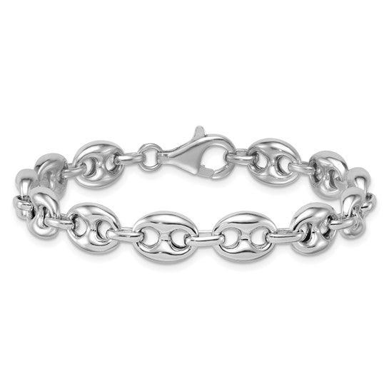 Polished sterling silver puffed mariner link bracelet angled view