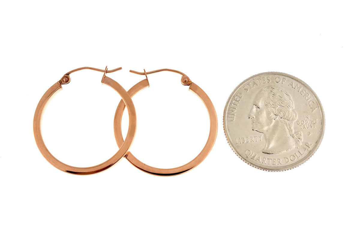14k rose gold classic square tube round hoop earrings 25mm x 2mm