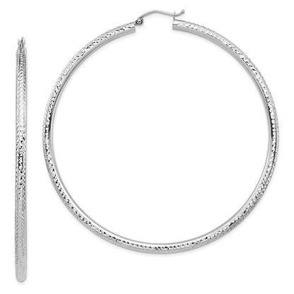 14k white gold 2.83 inch diameter extra large giant gigantic diamond cut round classic hoop earrings  lightweight 72mm x 3mm