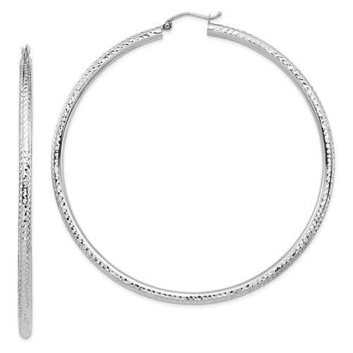 14k white gold 2.83 inch diameter extra large giant gigantic diamond cut round classic hoop earrings  lightweight 72mm x 3mm