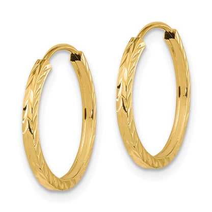 14k yellow gold diamond cut square tube round endless hoop earrings 17mm x 1.35mm