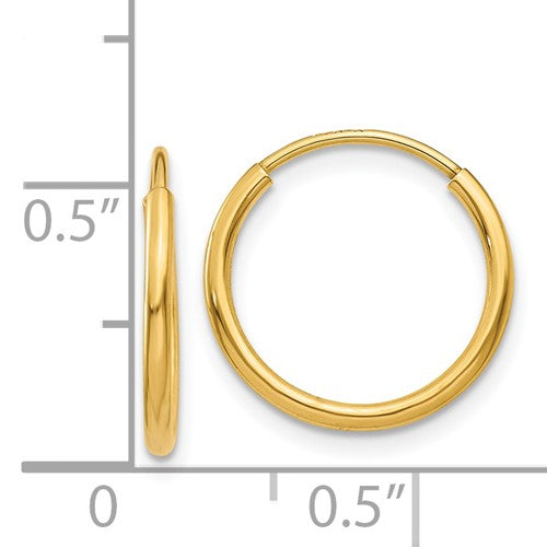 14k yellow gold round endless hoop earrings 12mm x 1.25mm