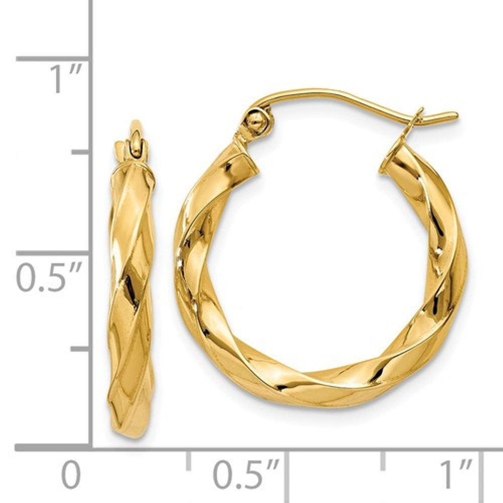 14K Yellow Gold Twisted Modern Classic Round Hoop Earrings 19mm x 3mm