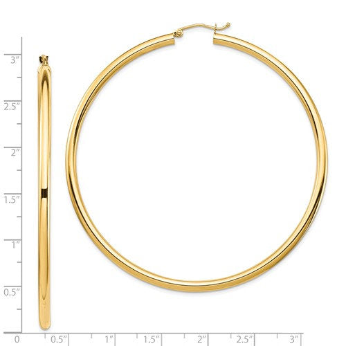 14k yellow gold 69mm x 3mm extra large round classic hoop earrings lightweight