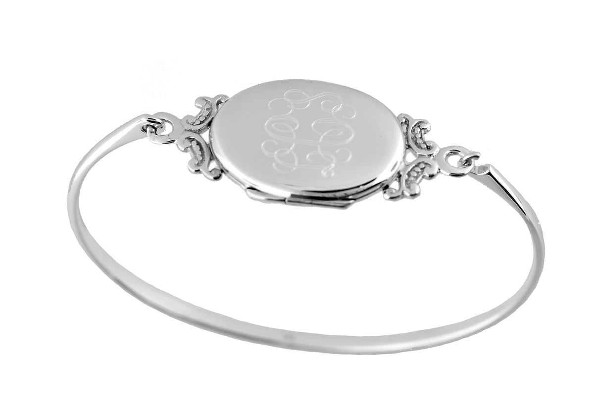 sterling silver oval locket bangle bracelet custom engraved personalized monogram