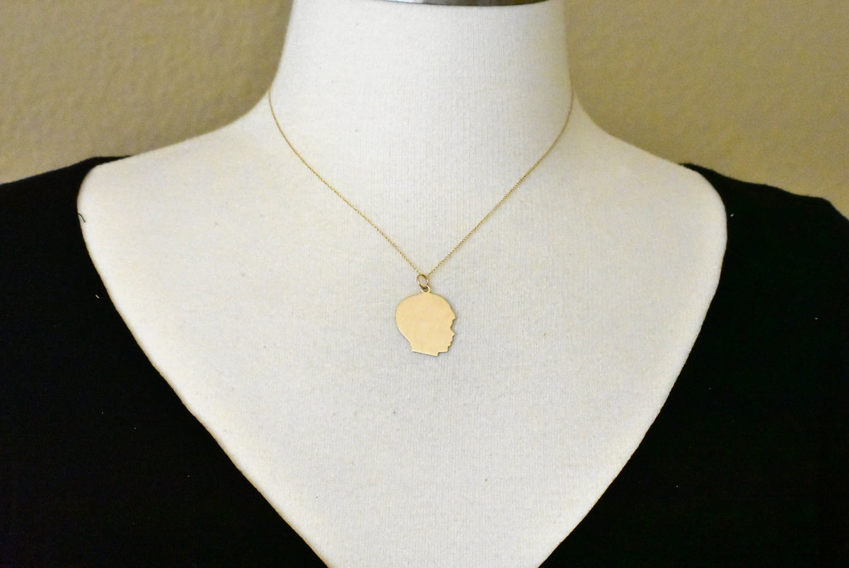 14k yellow gold 20mm boy head facing right disc pendant charm engraved personalized