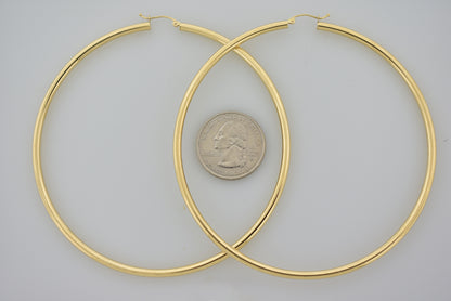 14k yellow gold 3.5 inch diameter extra large giant gigantic round classic hoop earrings 89mm x 3mm