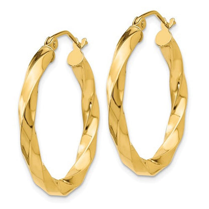 14k yellow gold twisted modern classic round hoop earrings 25mm x 3mm