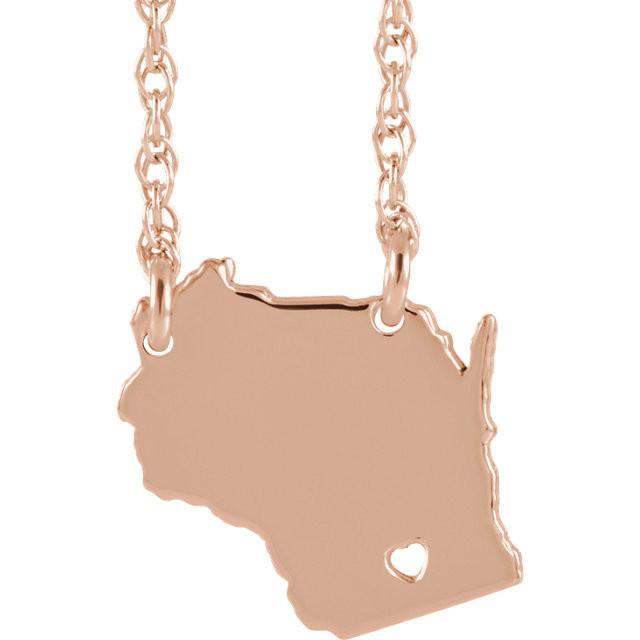 14k gold 10k gold silver wisconsin wi state map necklace heart personalized city