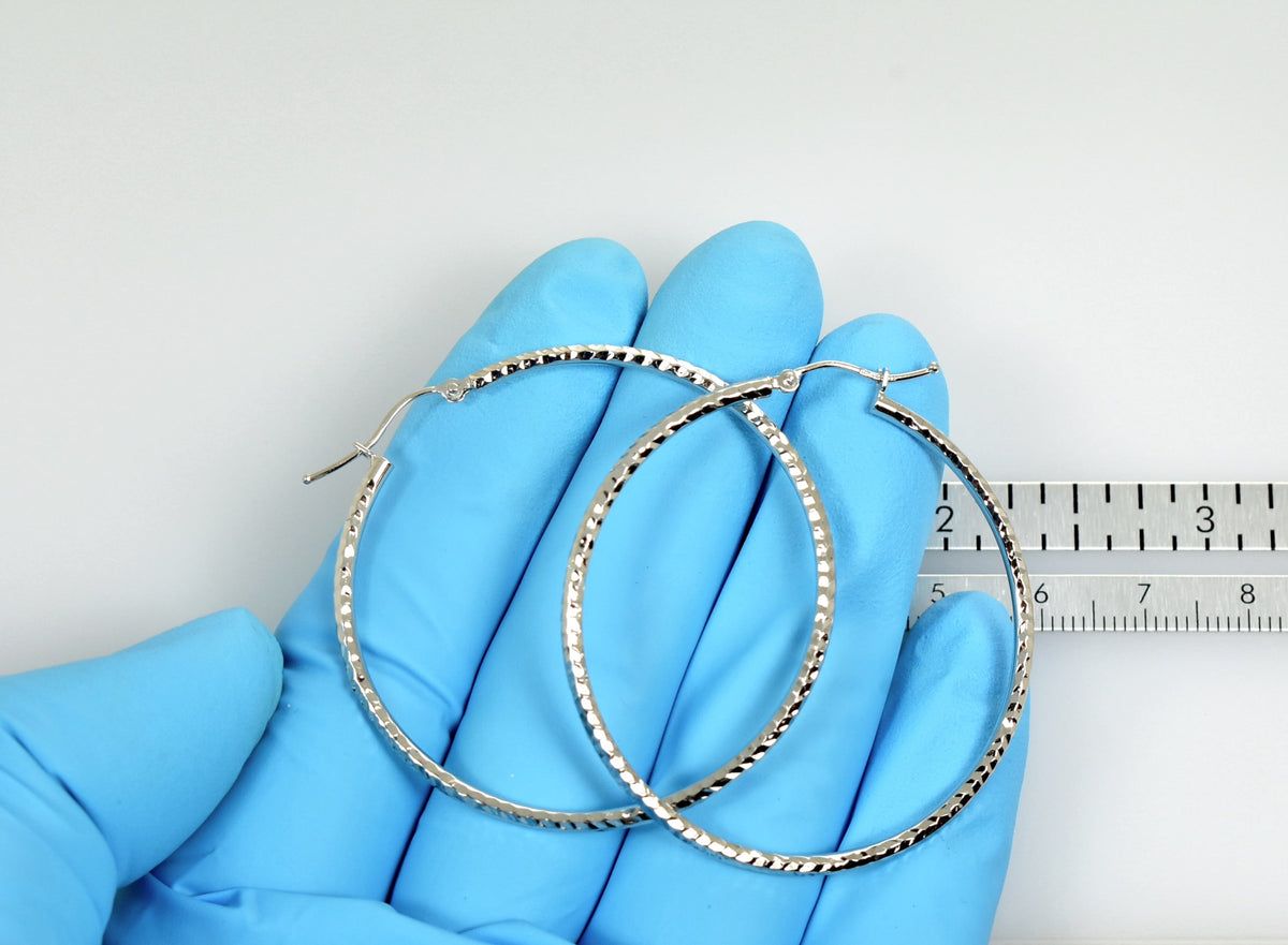 14k white gold diamond cut round hoop earrings 44mm x 2mm