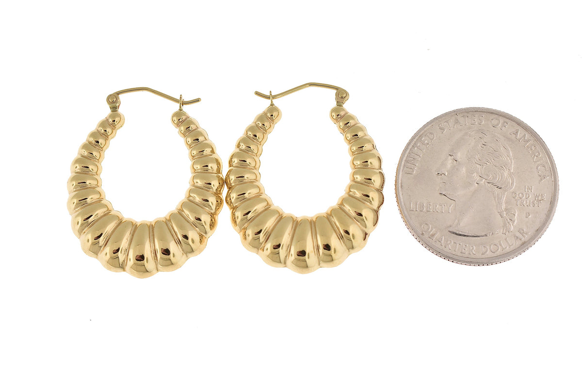 10k yellow gold shrimp scalloped twisted classic hoop earrings 30mm x 23mm