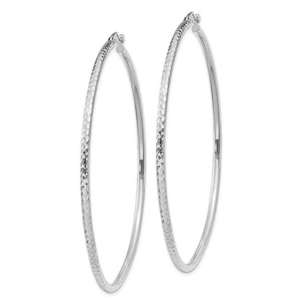 14k white gold diamond cut round hoop earrings 60mm x 2mm
